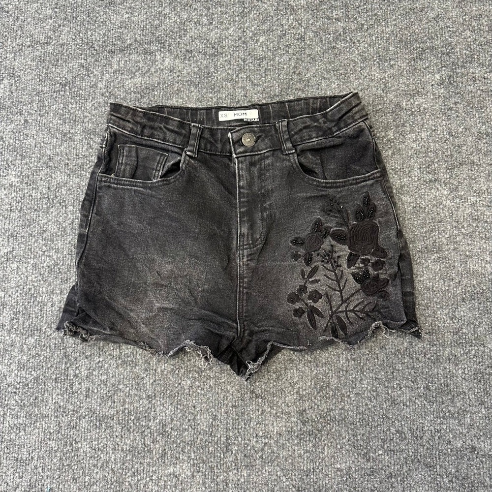 Kiabi Denim Shorts Womens XS Black Mom High Waisted Floral Embroidered Beaded